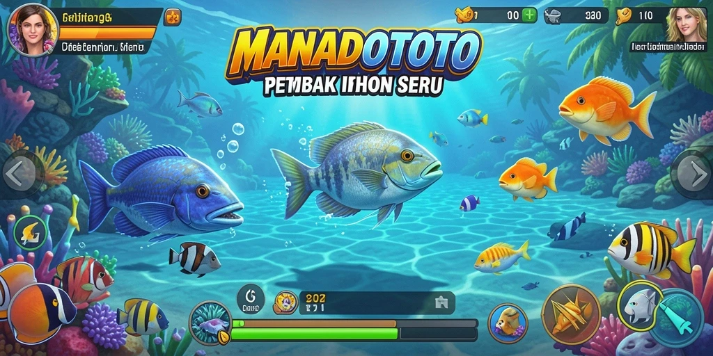 Tampilan gameplay seru MANADOTOTO dengan berbagai ikan yang bisa ditangkap.