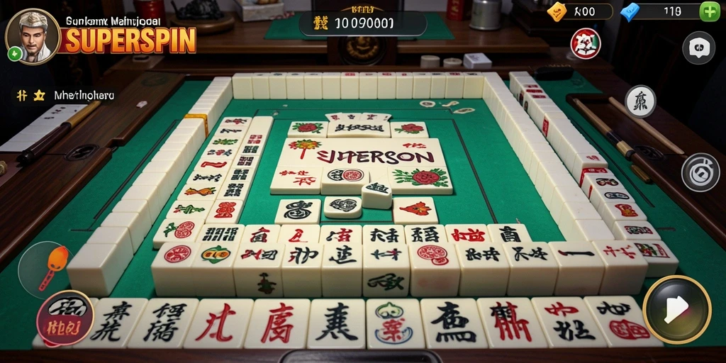 Tampilan gameplay <strong>SUPERSPIN</strong> yang menarik dengan variasi ubin Mahjong yang berwarna-warni.